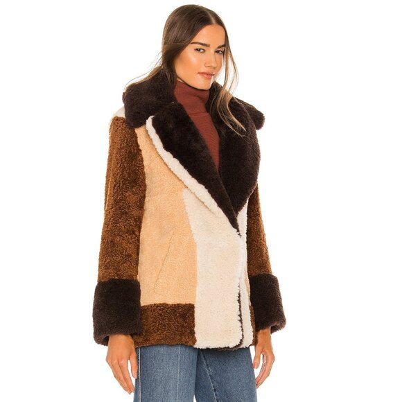 A.L.C. Stefan Faux Fur Shearling Patchwork Coat / XS / Brown Multi Teddy Sherpa - Picture 2 of 11